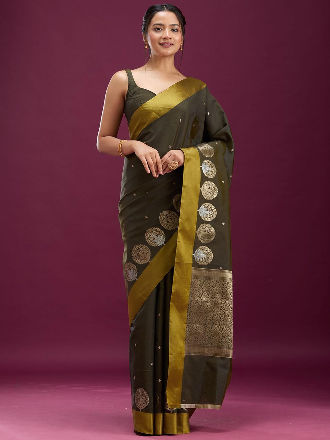 Koskii Women Woven Design Mehendi Zariwork (Gold) Silk Saree