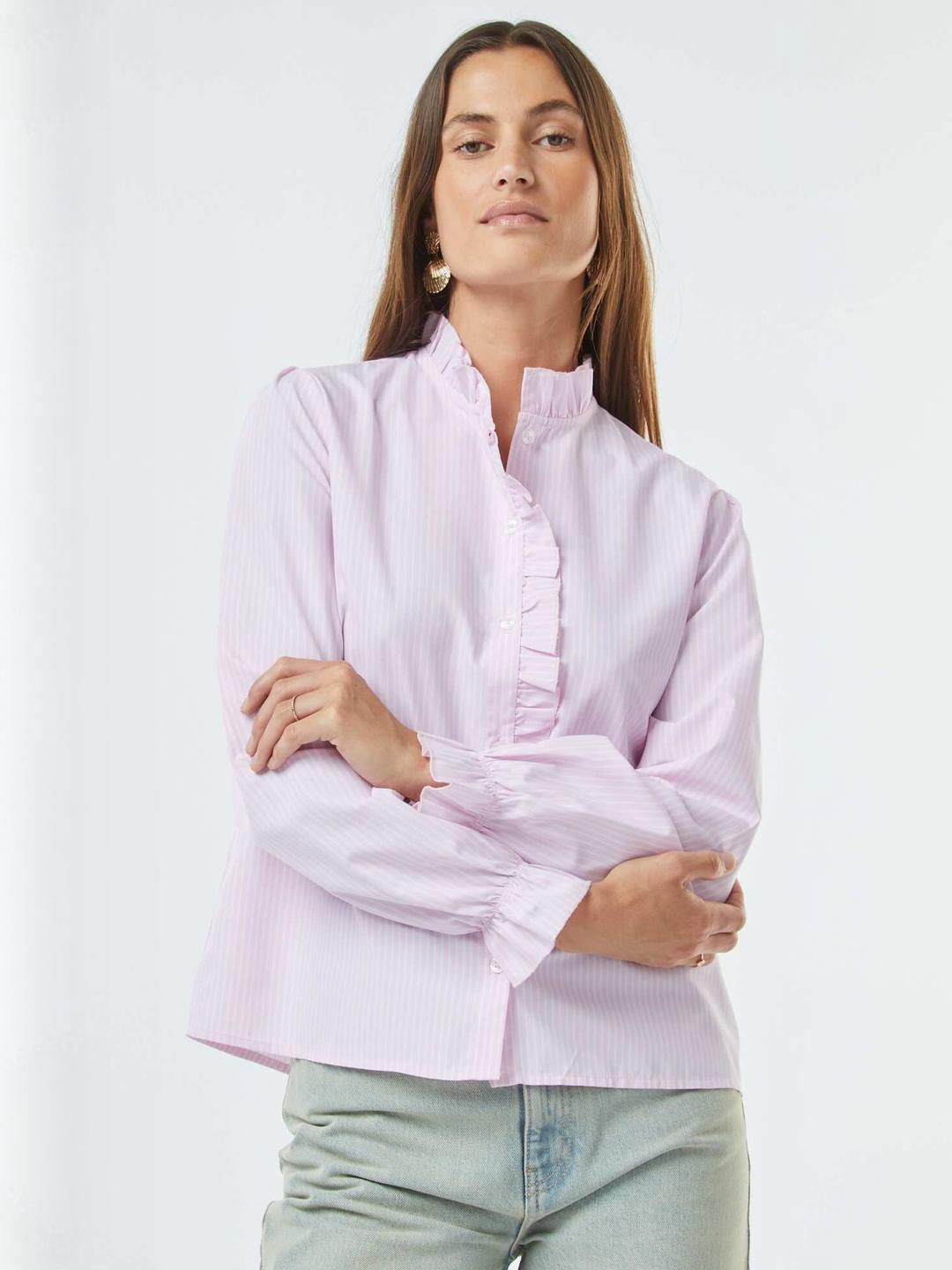 KIABI Women Comfort Fit Vertical Striped Mandarin Collar Casual Shirt