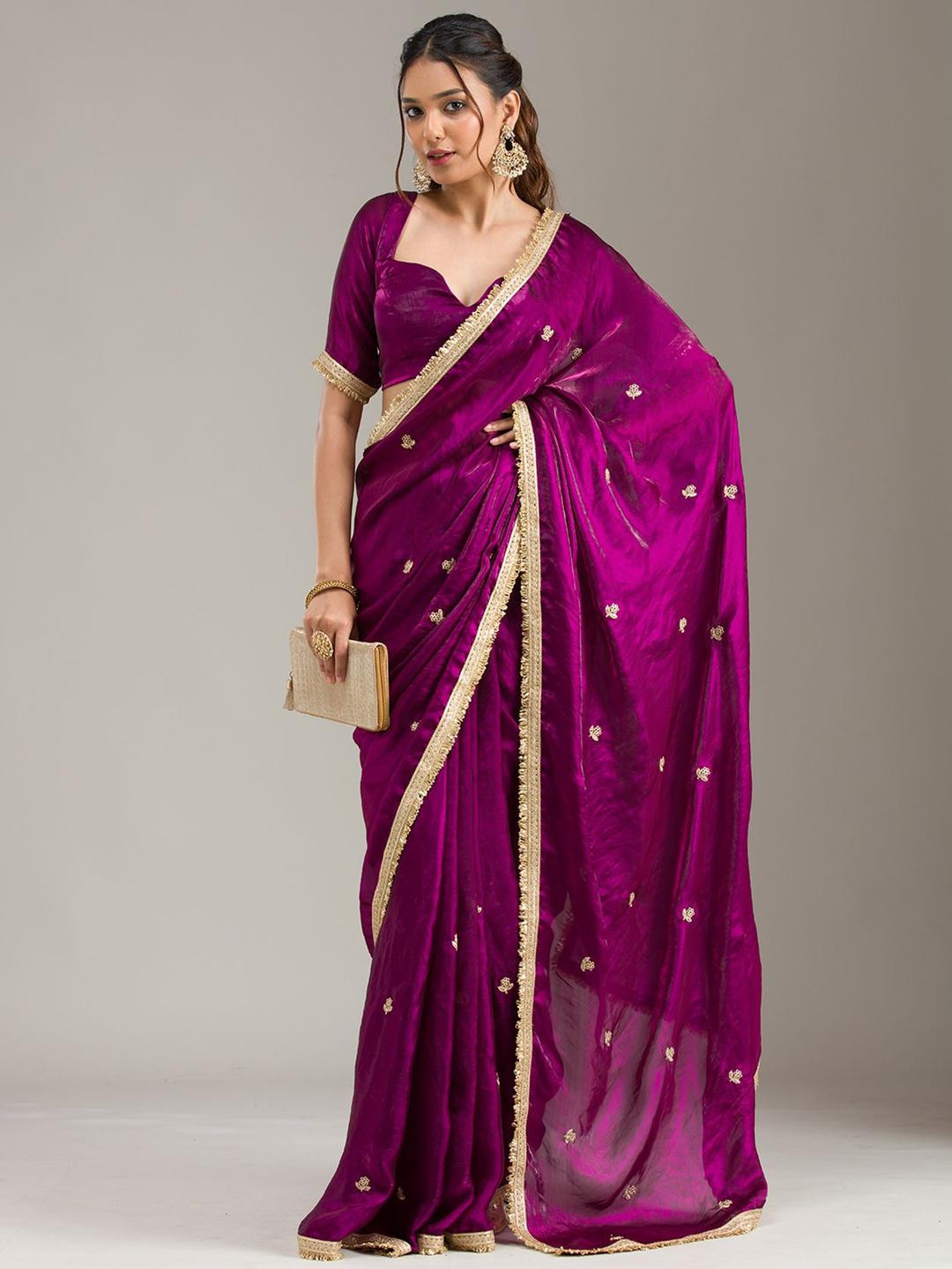 Koskii Women Zariwork Wine Tissue Saree With Unstitched Blouse