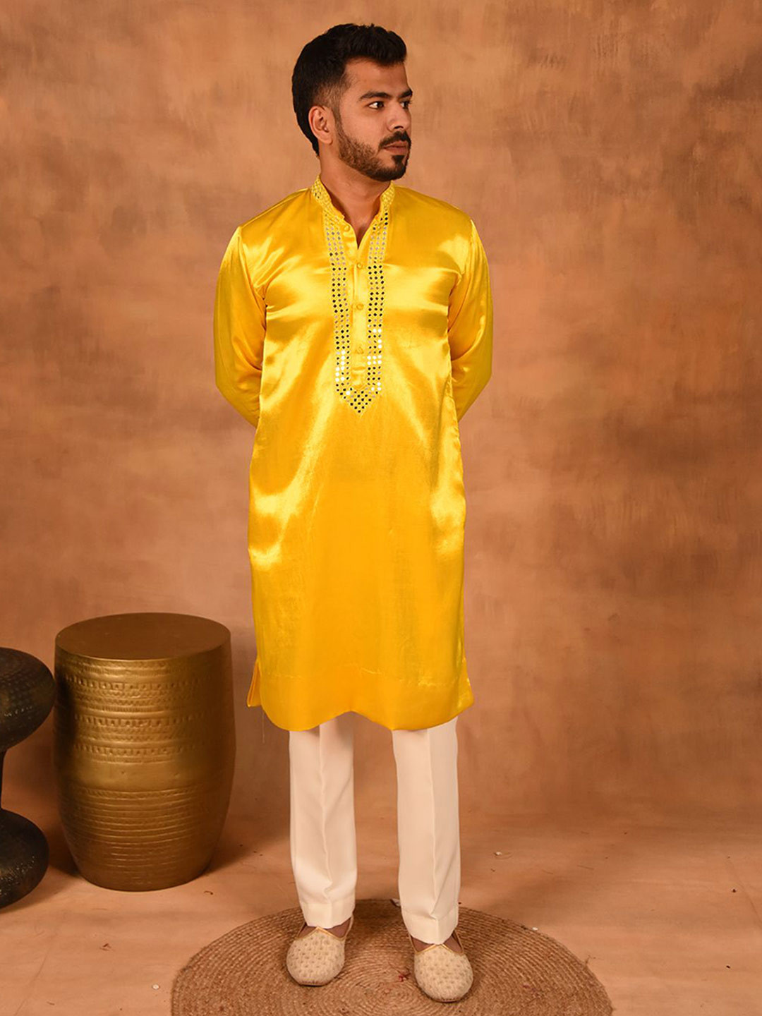 Laalzari Men Yellow Pure Gajji Silk Embroidered Straight Kurta
