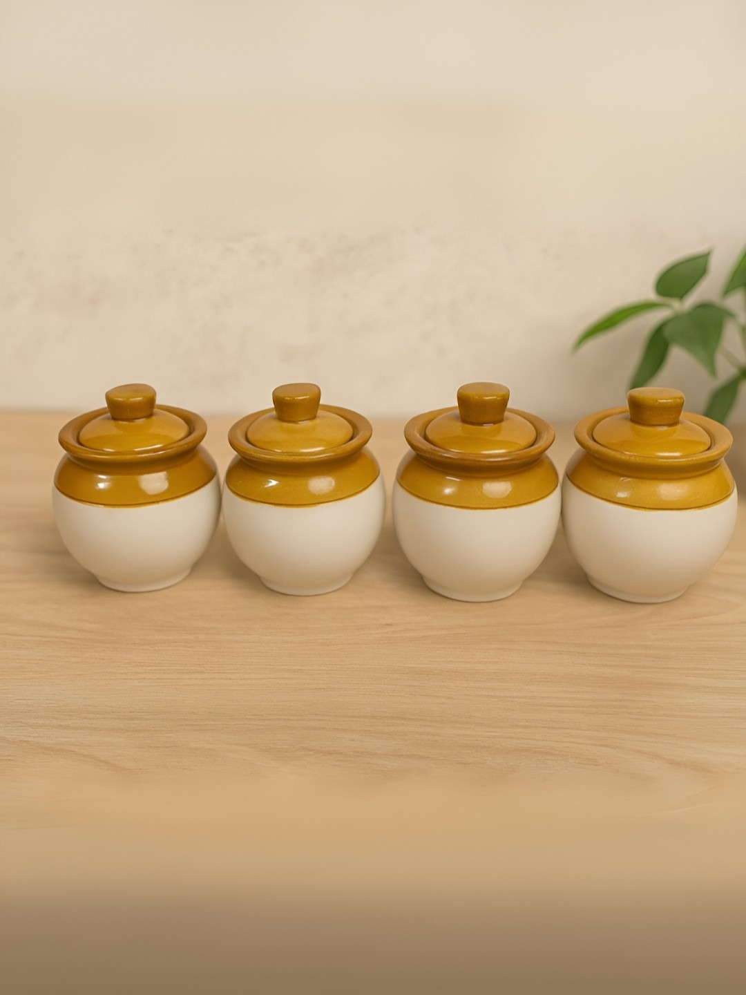 Unravel India Mustard 4 Pieces Easy To Clean Ceramic Jar Containers