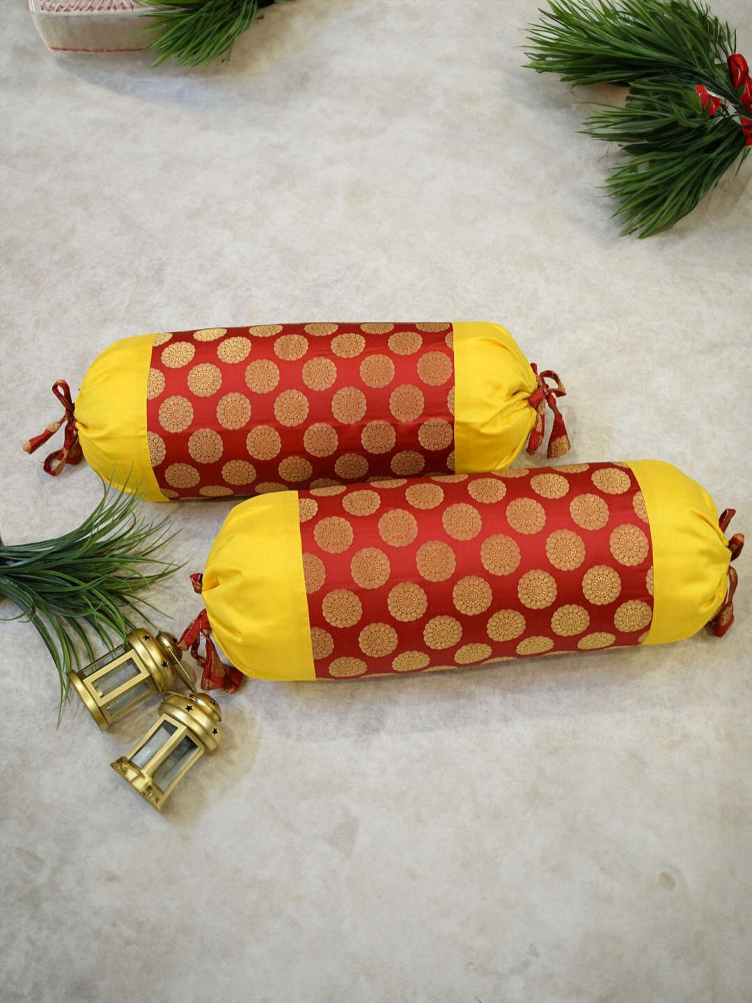 RoyalDeco 2Pcs Red & Yellow Mandala Self Design Bolster Covers