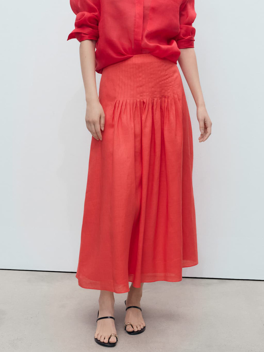 MANGO Ramie Pleated A-Line Midi Skirt