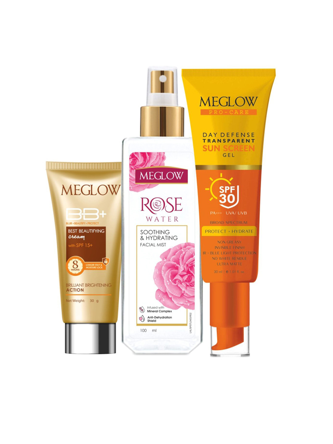 MEGLOW Set Of 3 BB+ Cream, Rose Water Facial Mist & Day Defence Sunscreen Gel-SPF 30 Combo