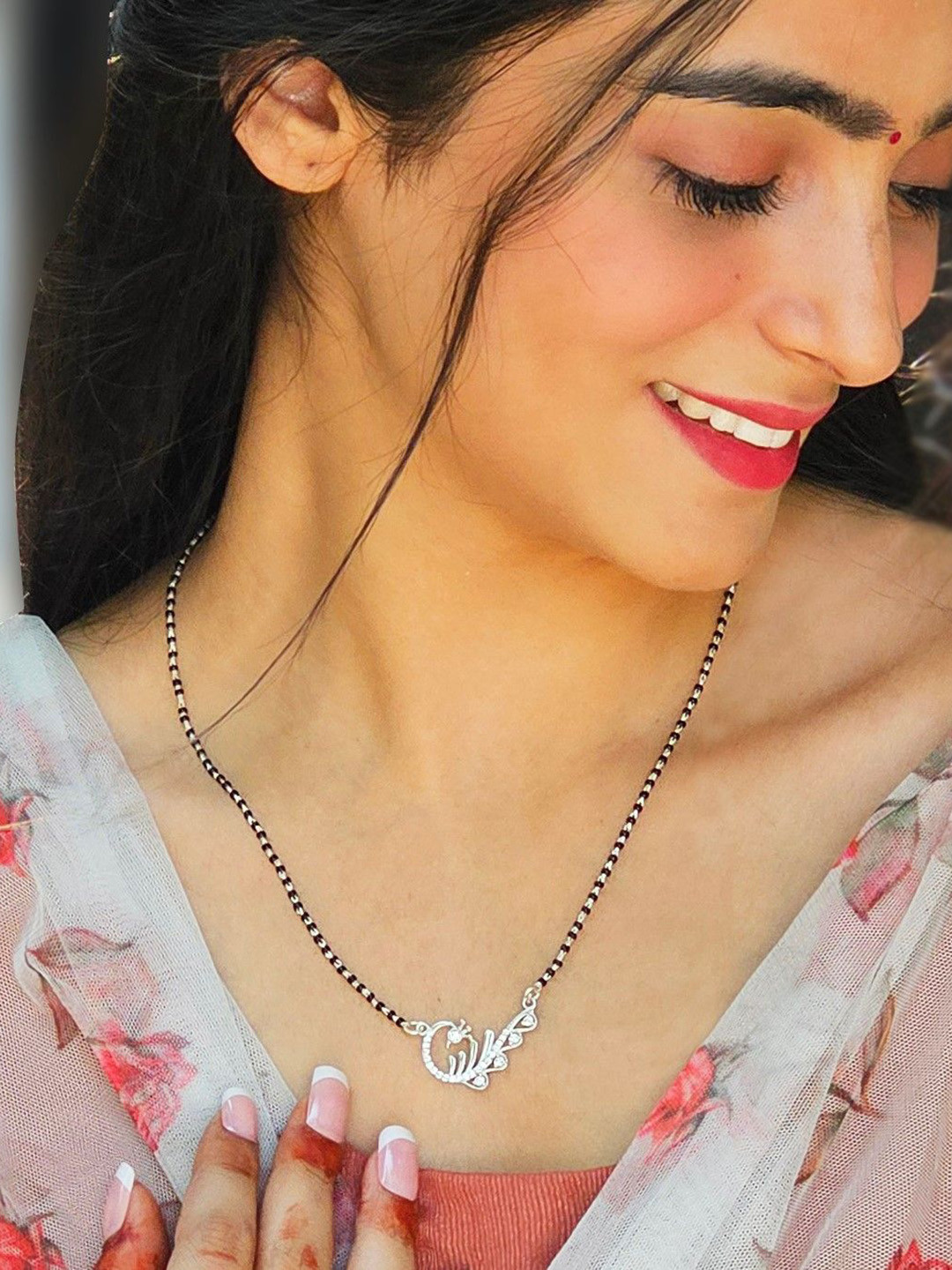 INARI SHINES 925 Silver Rhodium-Plated Contemporary Peacock Mangalsutra