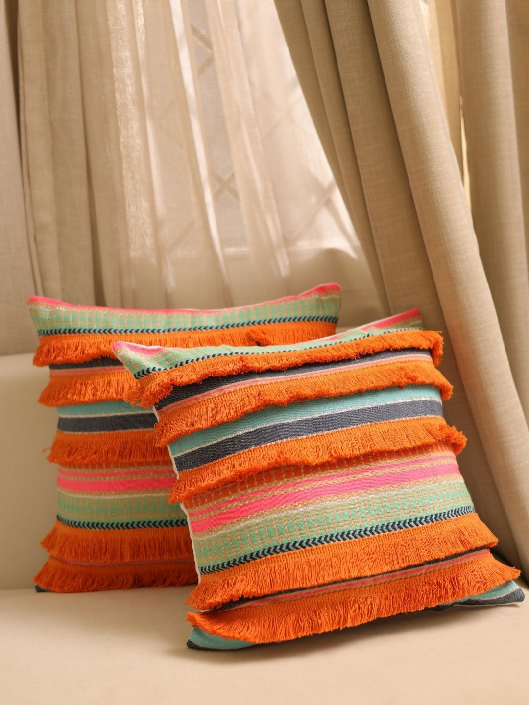 SLEEPY THREADS 2 Pieces Orange & Red Striped Square Cotton Cushion Covers