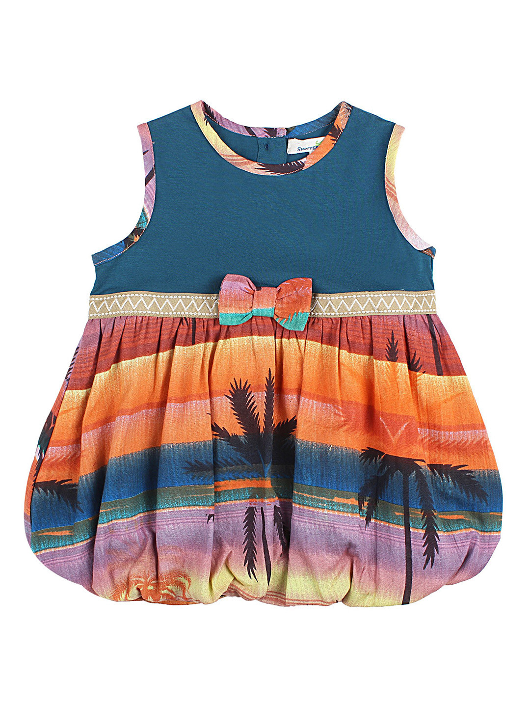 ShopperTree Girls Tropical Printed Balloon Dress With Bow