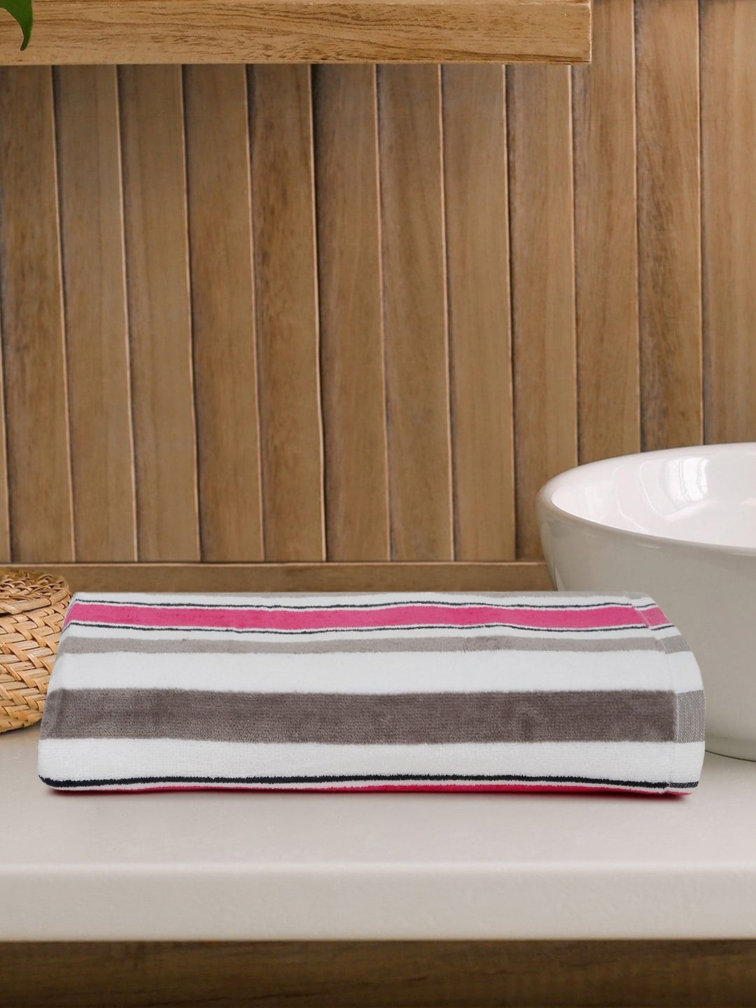 Creeva Pink & White Striped 500 GSM Cotton Beach Towel