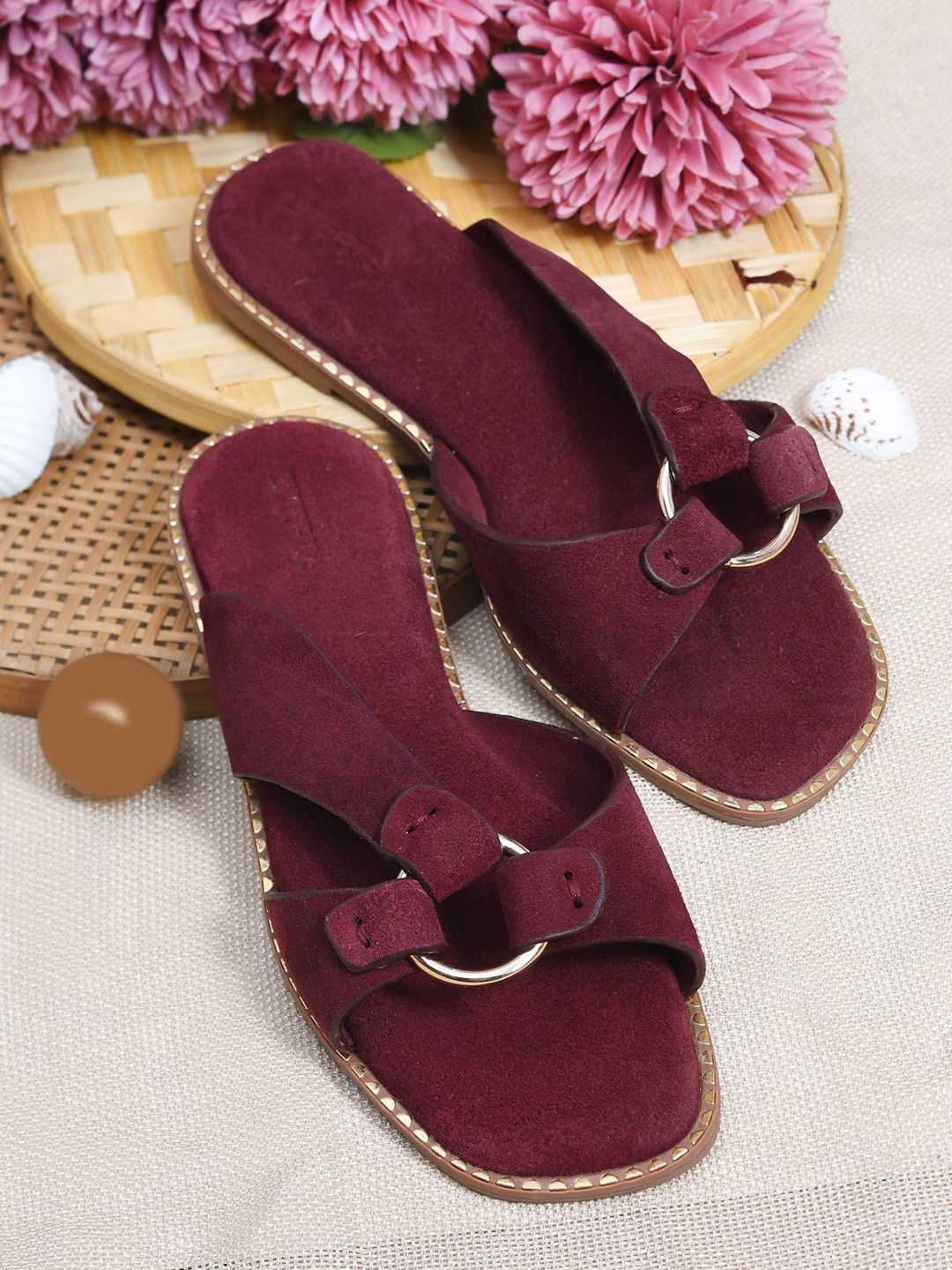 STEPT6 Women Textured Metal Ring Detail Open Toe Flats