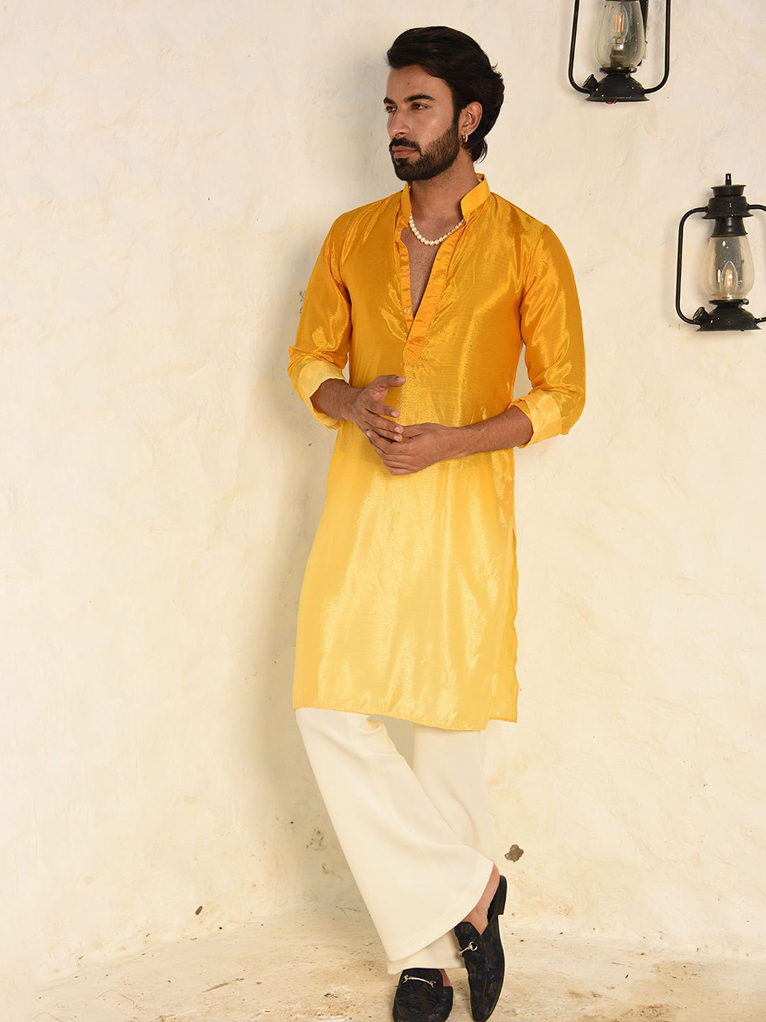 Laalzari Men Yellow Ombre Dyed Thread Work Kurta