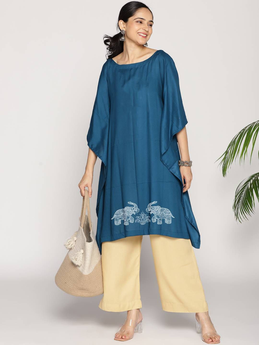 LetsDressUp Gaja Aniamal Printed Round Neck Kaftan Kurta