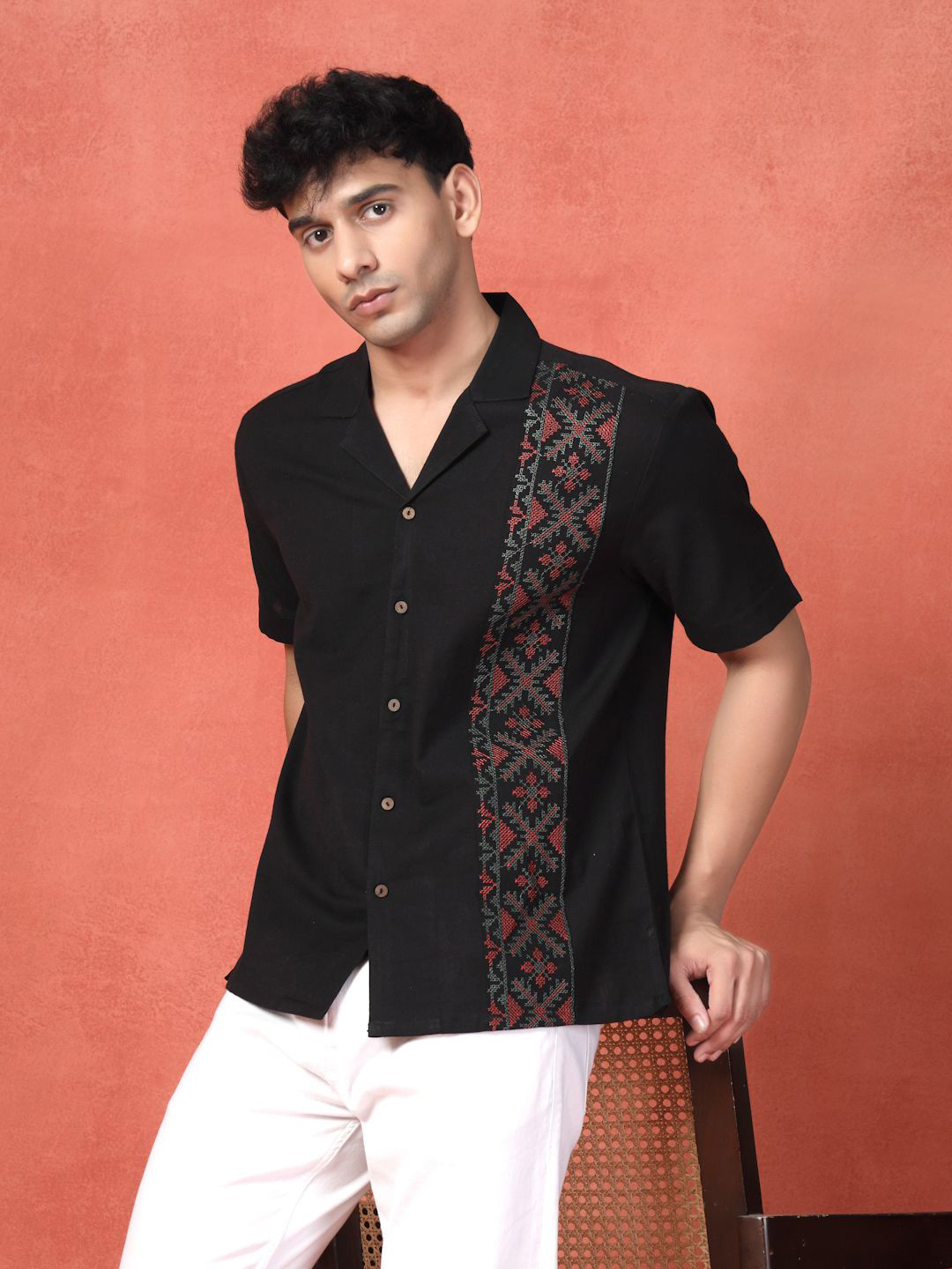 Ramas Classic Fit Floral Embroidered Cuban Collar Cotton Casual Shirt