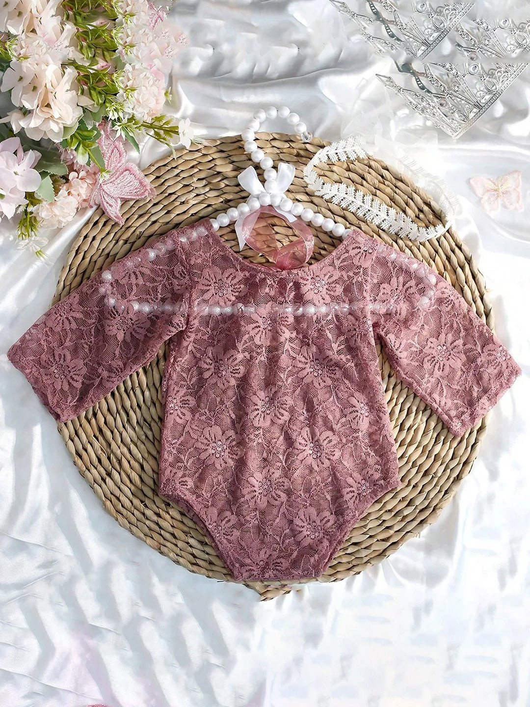 Babymoon Infant Girls Pack Of 2 Lace Bow Romper & Hairband Baby Photoshoot Props