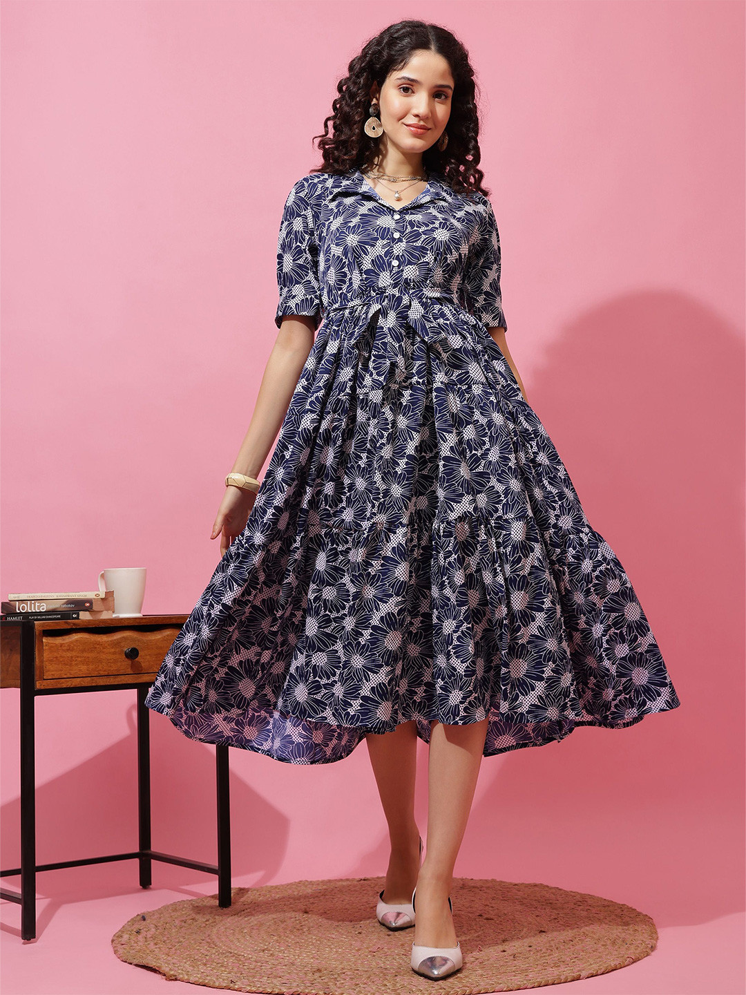 Honky Tonky Floral Printed Shirt Collar Crepe Fit & Flare Midi Dress