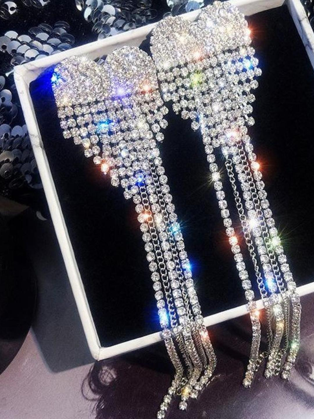 Estailo fashion Silver-Plated Stones Studded Tasselled Heart Shaped Drop Earrings