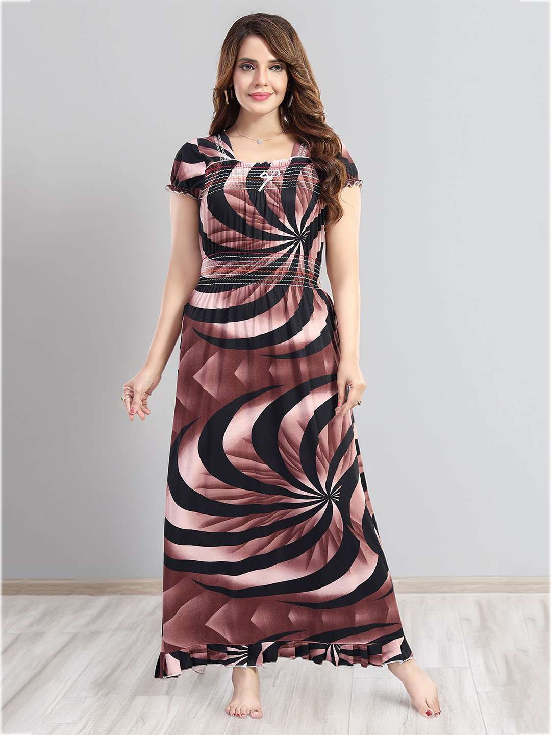 BDE Women Printed Satin Maxi Nightdress