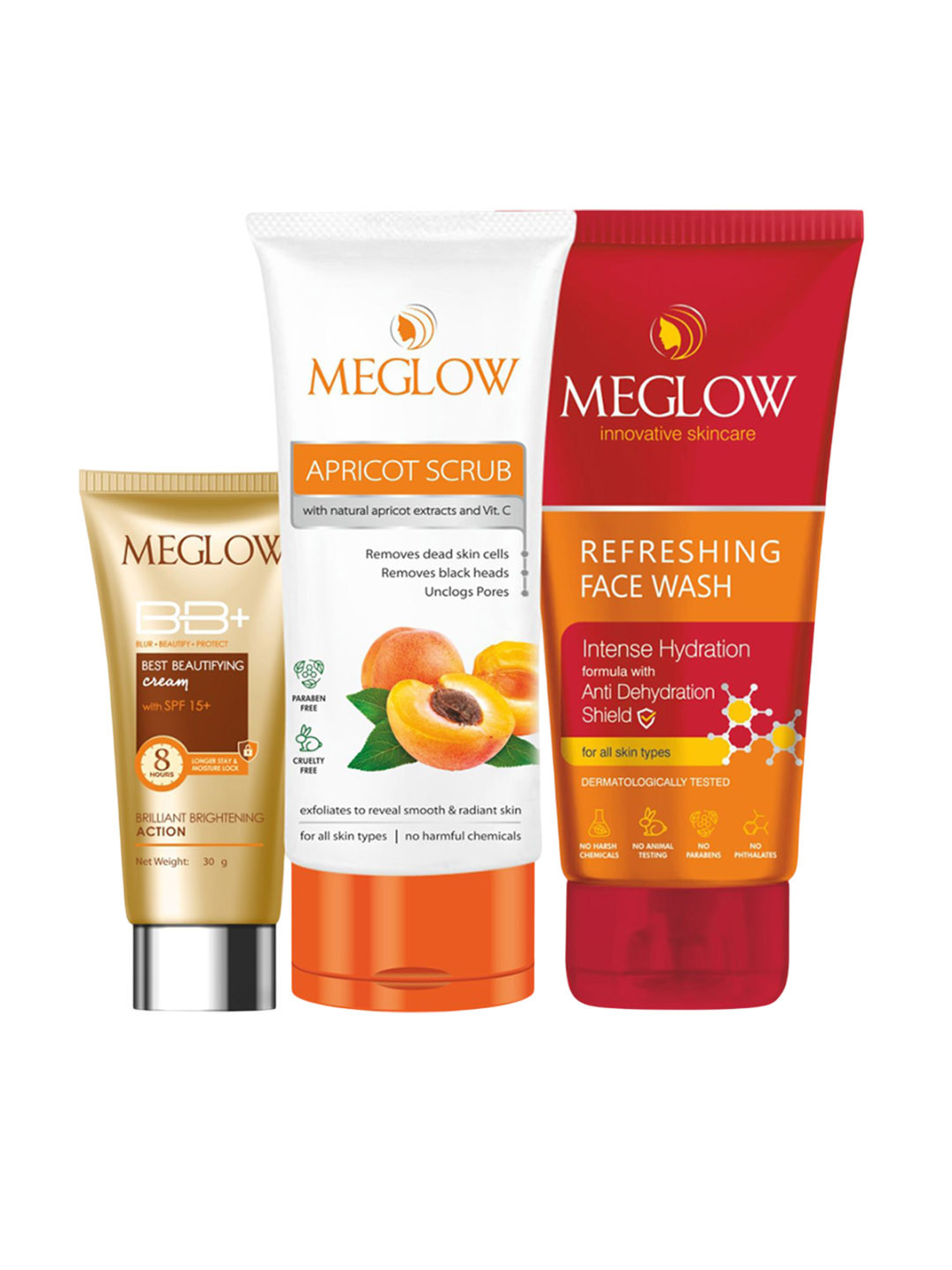 MEGLOW Set Of 3 BB+ Cream - 30 g, Apricot Scrub  & Refreshing Face Wash - 70 g Each