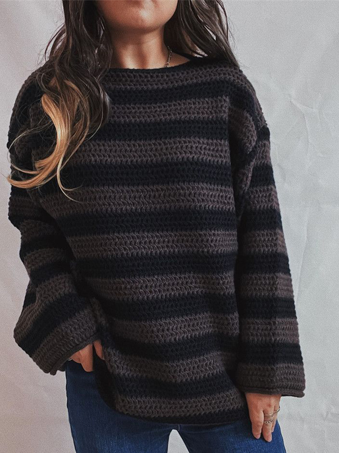 all about you Women Striped Boat Neck Oversized Pullover Sweaters