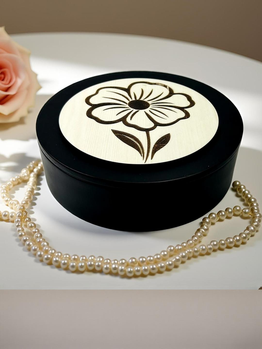 Angira handicrafts Round Shape Floral Carved Wooden Storage Box