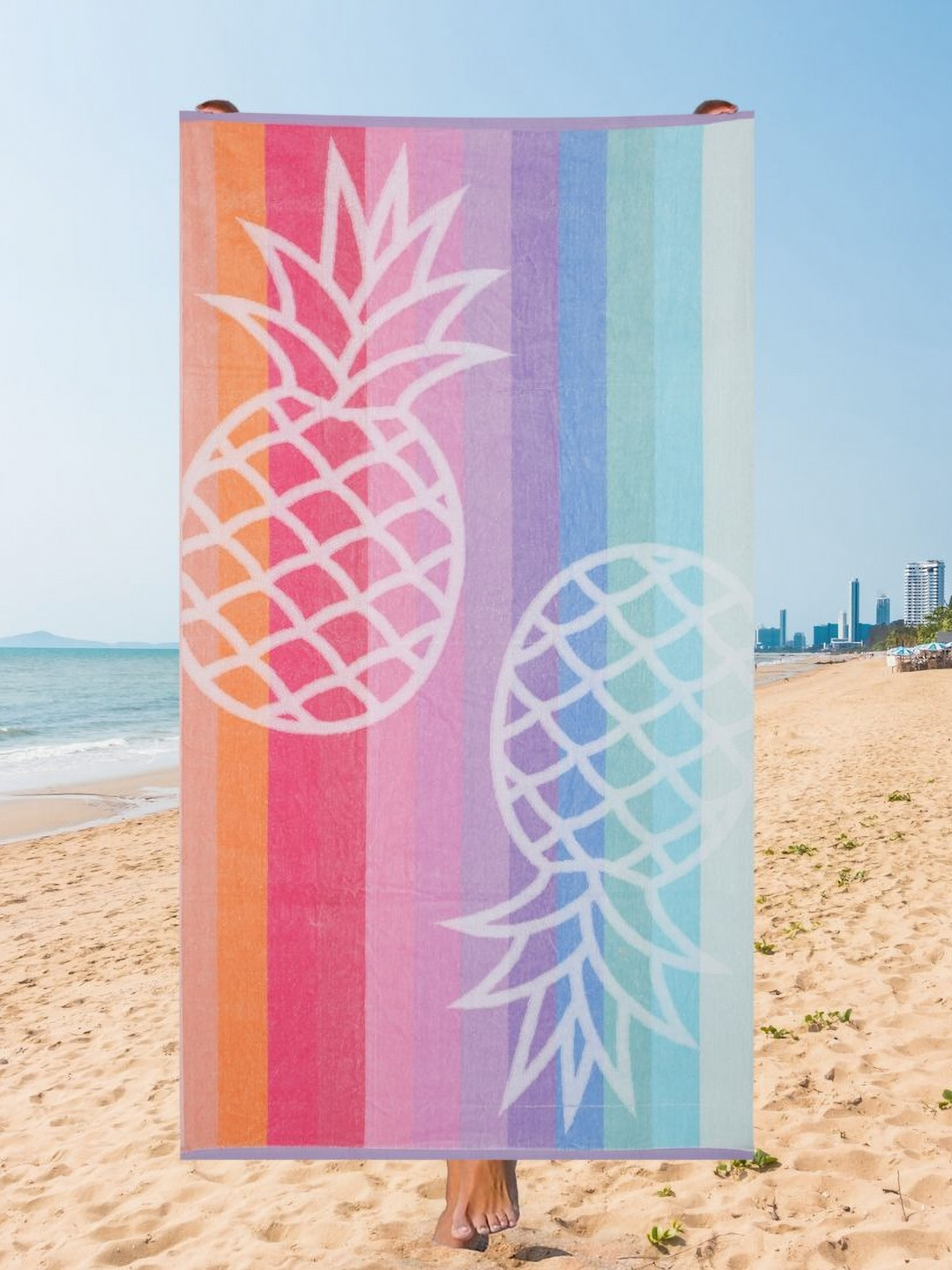 Creeva Pink & Blue Rainbow Printed 500 GSM Cotton Beach Towel