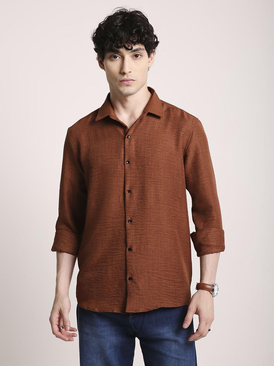 John Philips Crinkle Texture Spread Collar Regular Fit Cotton Shirt