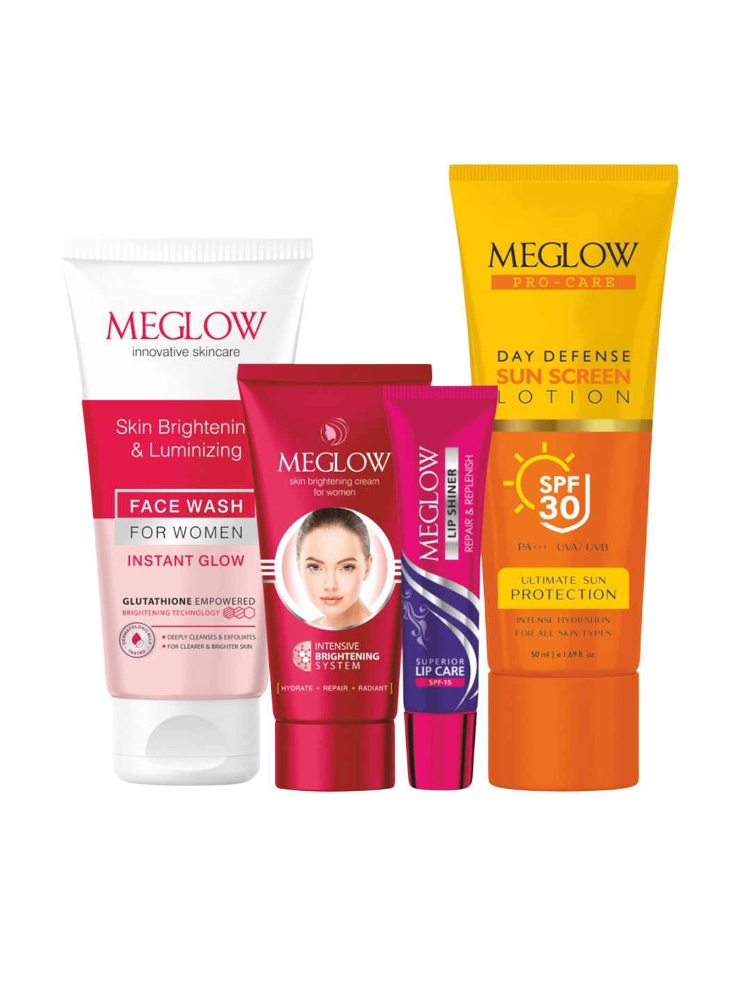 MEGLOW Set Of 4 Face Wash-  70 g- Cream- 50 g- Lip Shiner- 15 g & Sunscreen- 50 ml