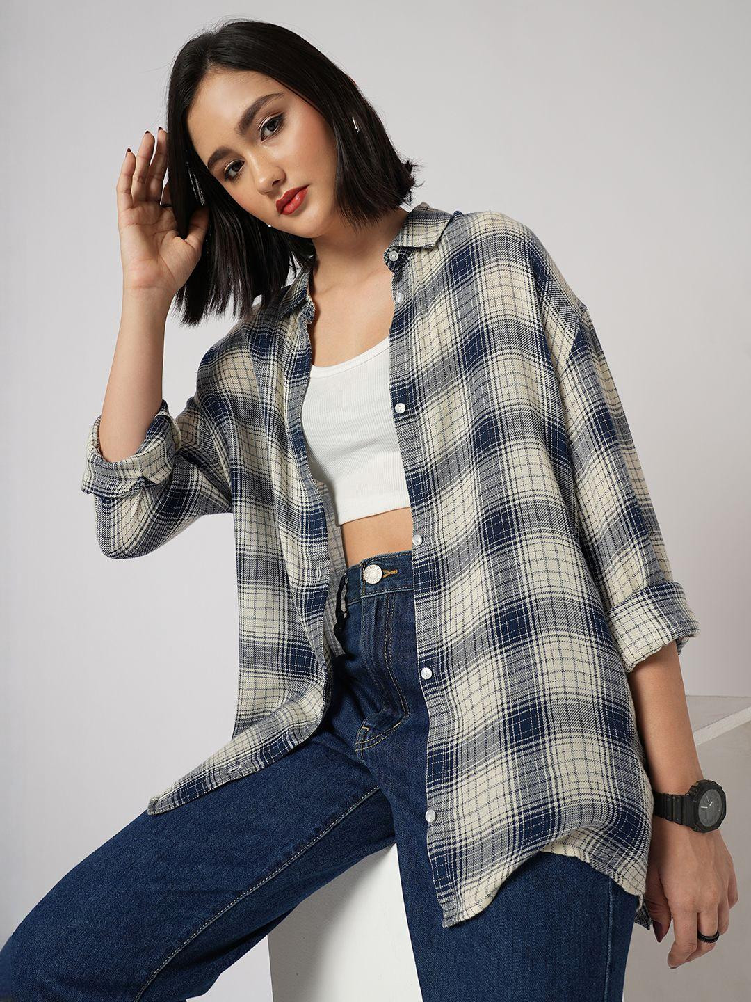 Mystere Paris Women Classic Oversized Fit Checked Spread Collar Formal Shirt