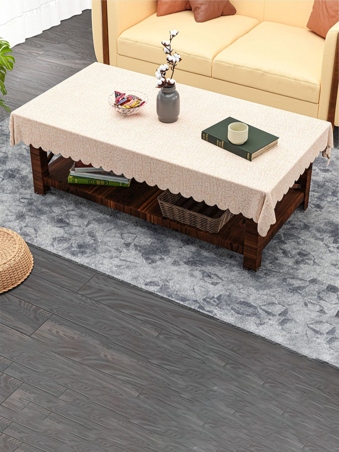 Aura Shining Khadi Cutwork Beige Printed Waterproof 4-Seater Table Cover