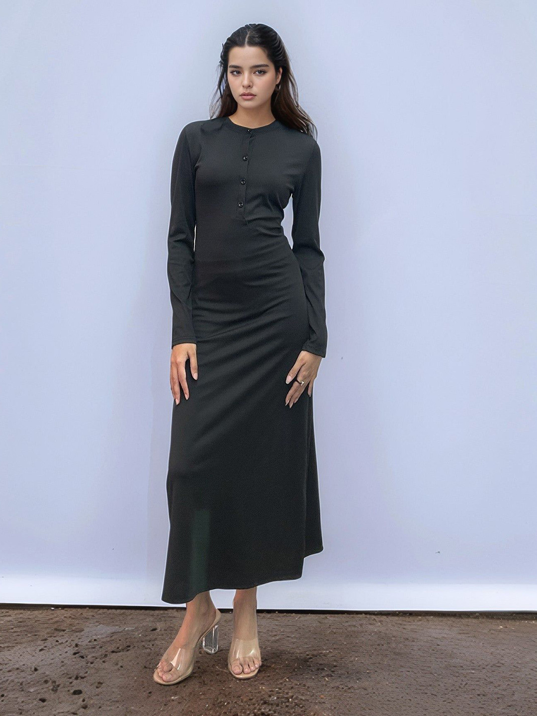 Outzidr Women Solid Mandarin Collar T-shirt Maxi Dress