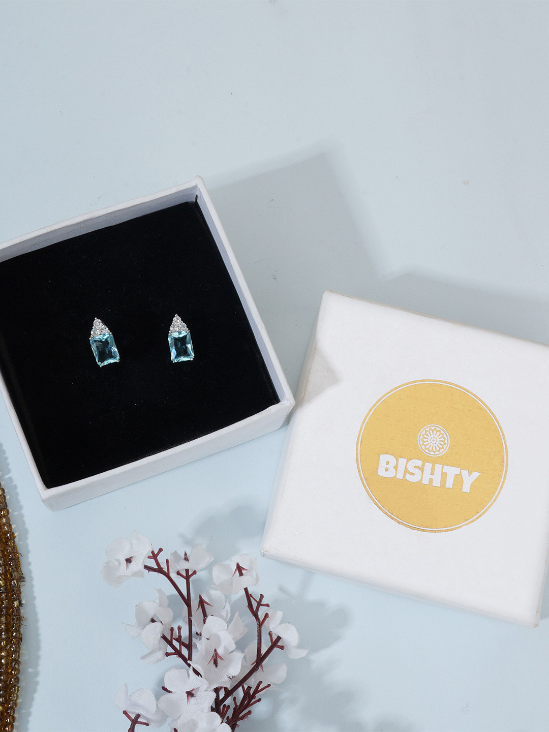 BISHTY  Stainless Steel Silver-Plated Opal & Sapphire Studded Square Studs