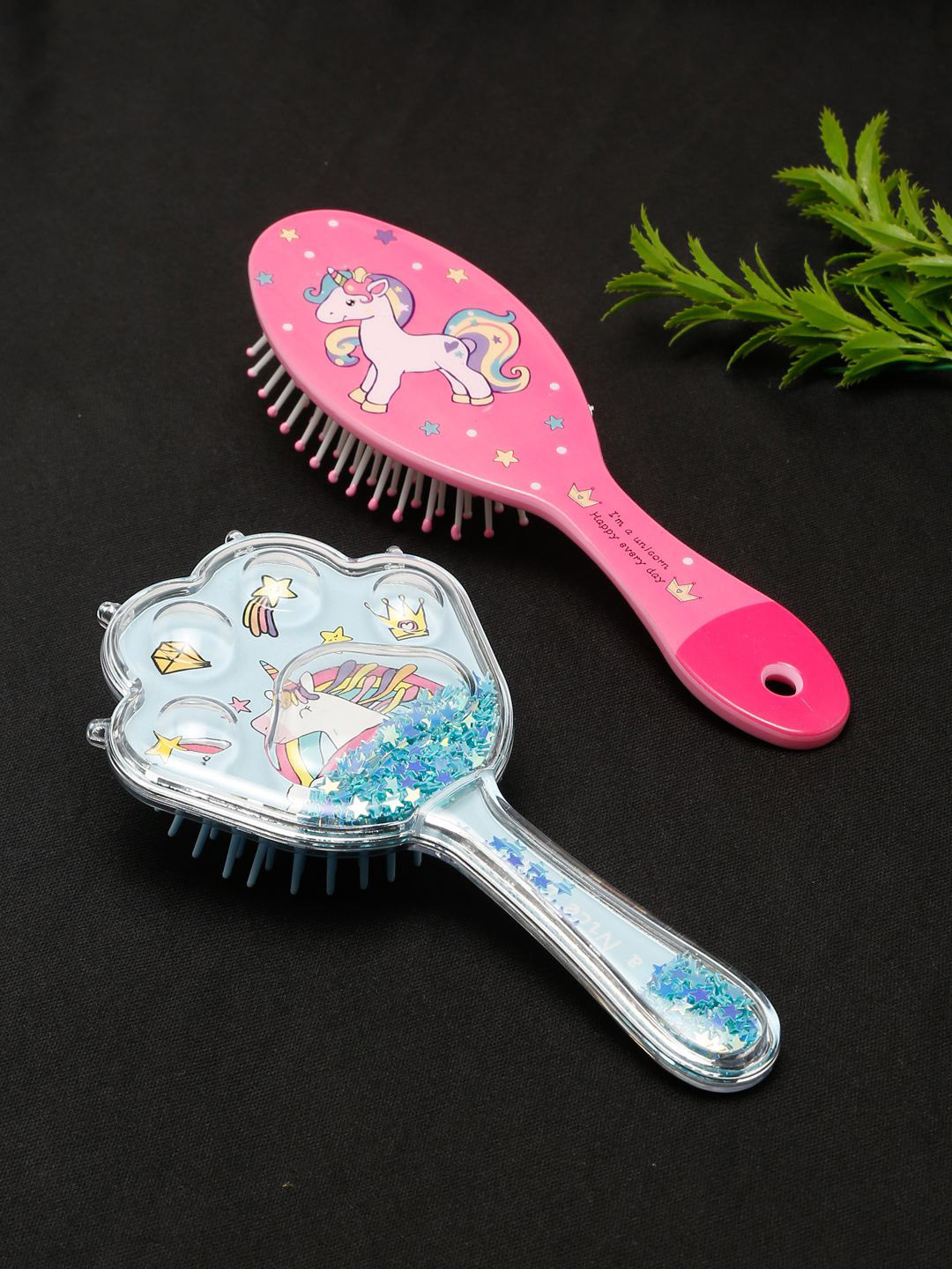 Stoln Gift Set Of 2 Unicorn Printed Oval & Star Glittery Hair Brushes