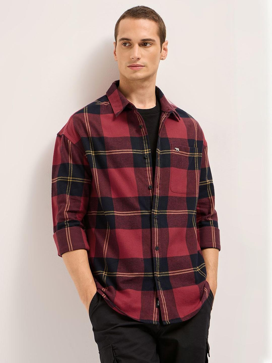 THE BEAR HOUSE Relaxed Fit Tartan Checked Long Sleeves Flannel Shirt