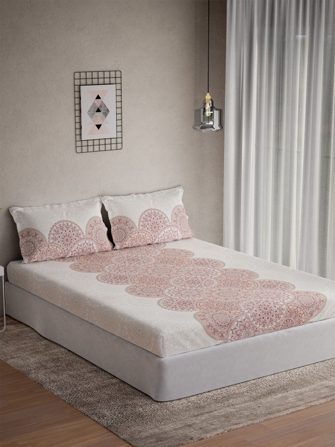 DDecor Vega Pink Ethnic Motifs Cotton 144 TC Double Queen Bedsheet Set-2.24 m X 2.54 m