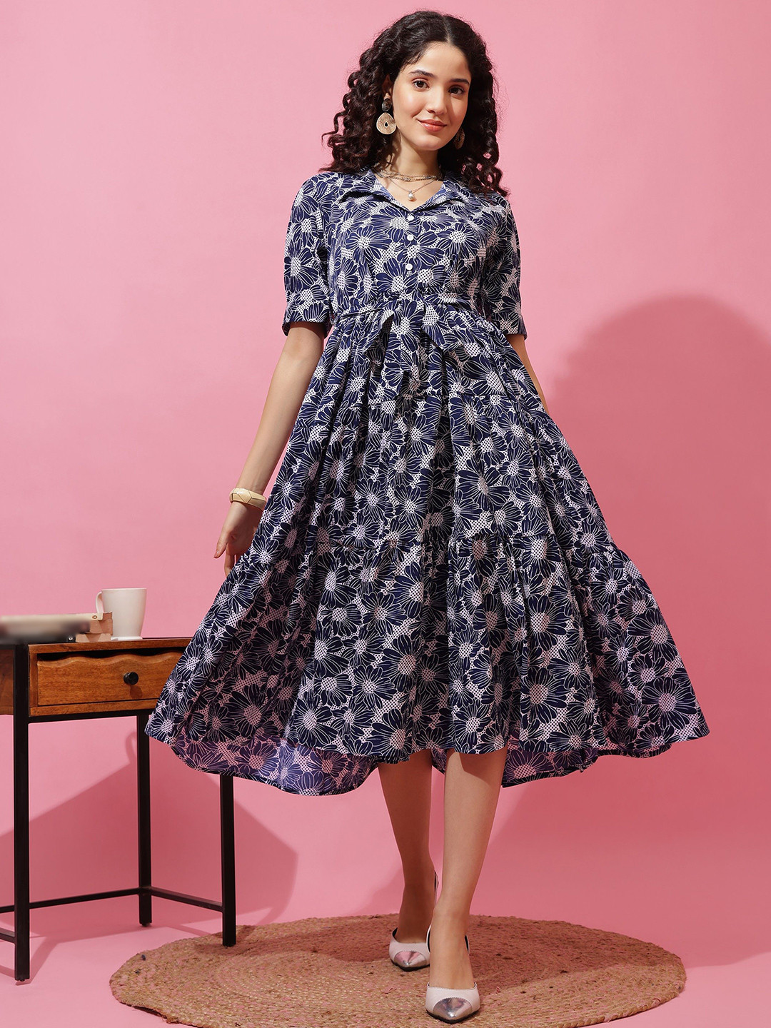 SHEETAL Associates Floral Printed Crepe Fit & Flare Midi Dress With Tie-Ups
