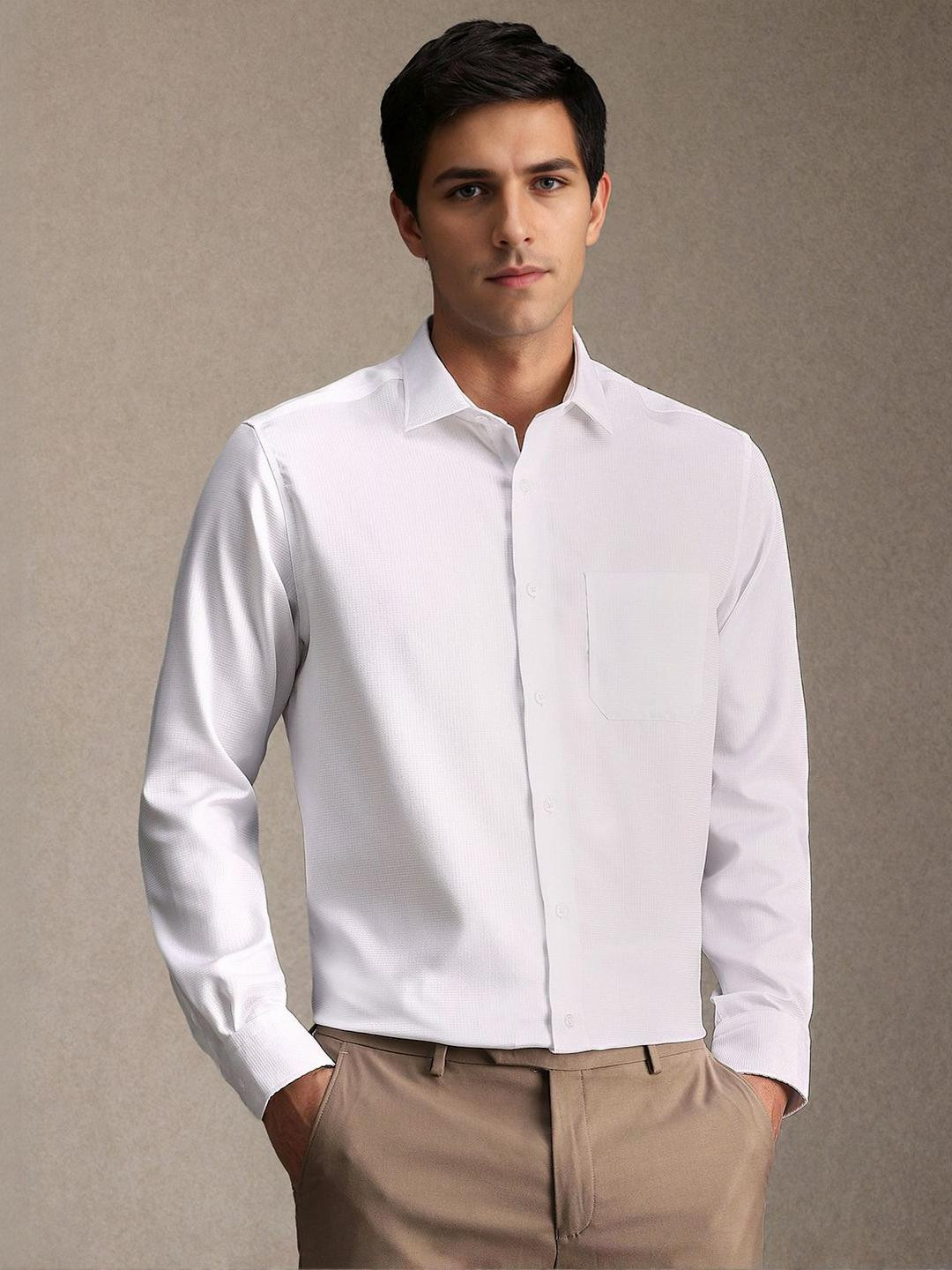 Louis Philippe Geometric Texture Spread Collar Formal Pure Cotton Shirt