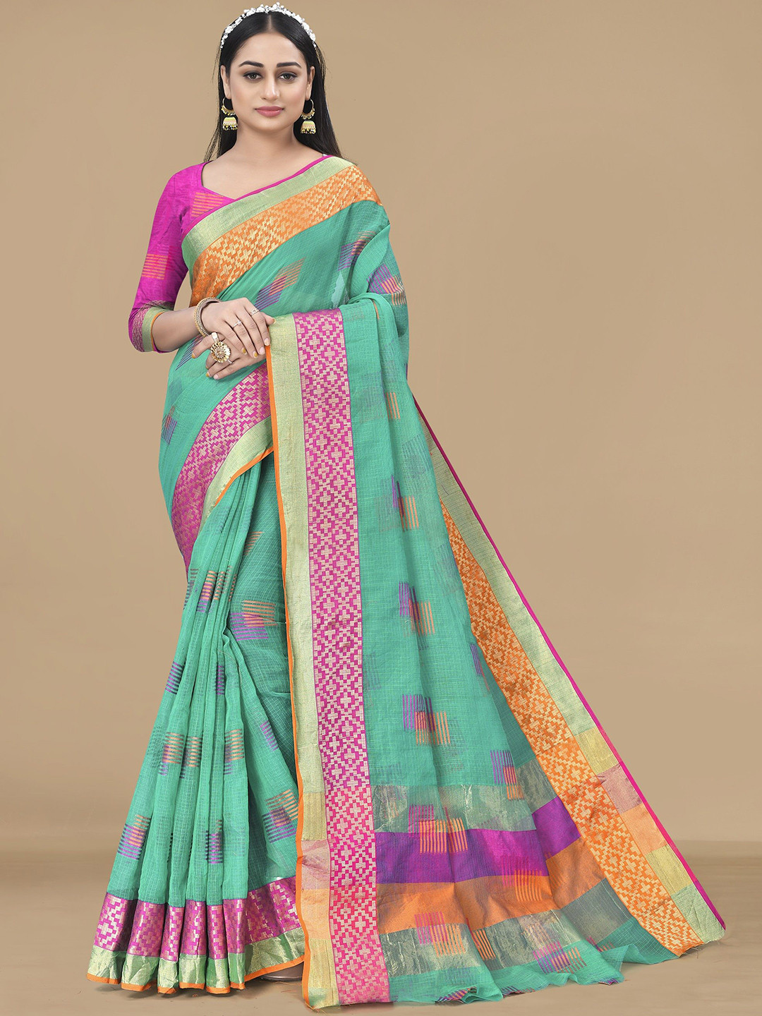 Moda Rapido Geometric Woven Design Zari Patta Saree with Blouse Piece
