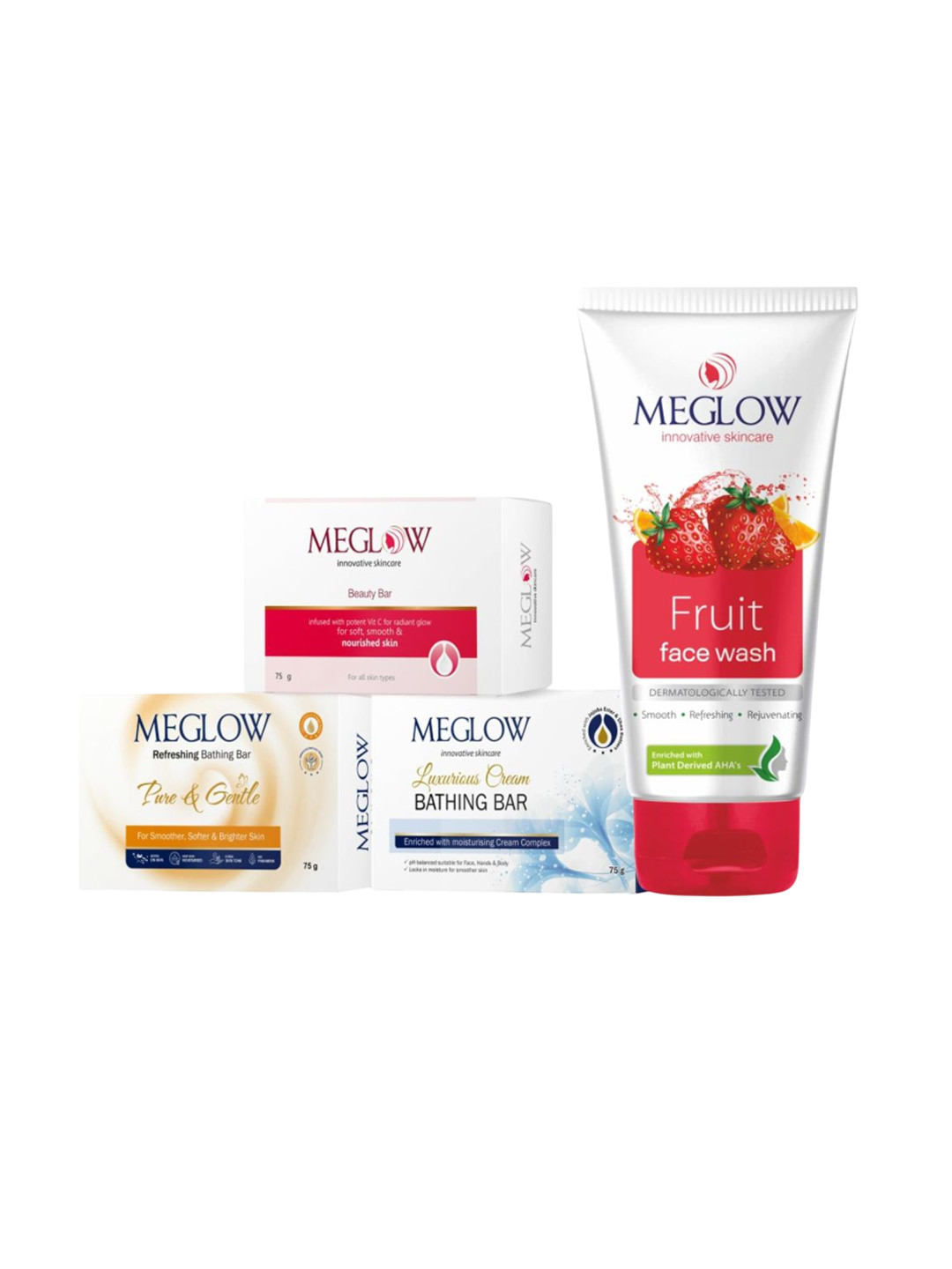 MEGLOW Set Of 4 Bathing Bar - 75 g Each & Fruit Face Wash - 70 g