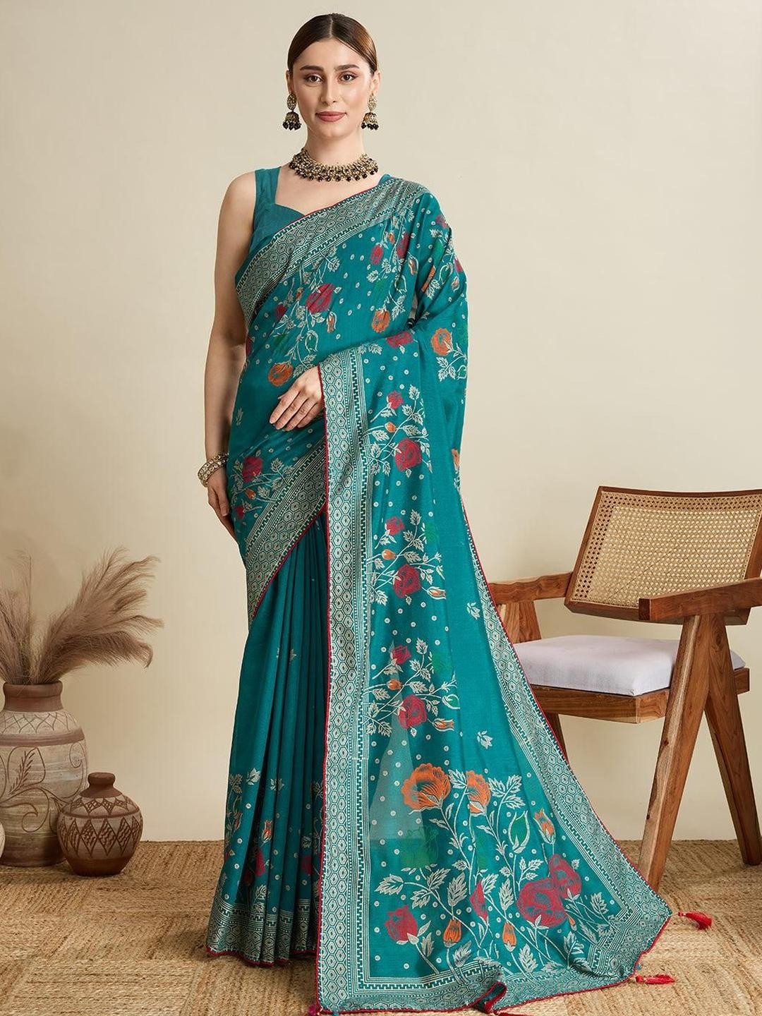 FASHION STROM Floral Woven Design Zari Pure Cotton Saree