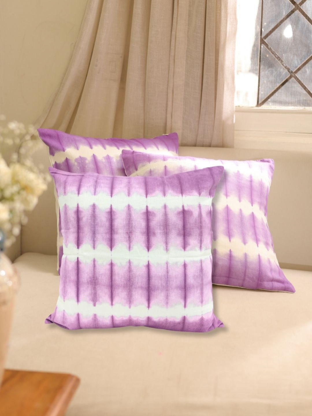 SLEEPY THREADS 3 Pieces Purple & White Abstract Square Cotton Cushion Covers