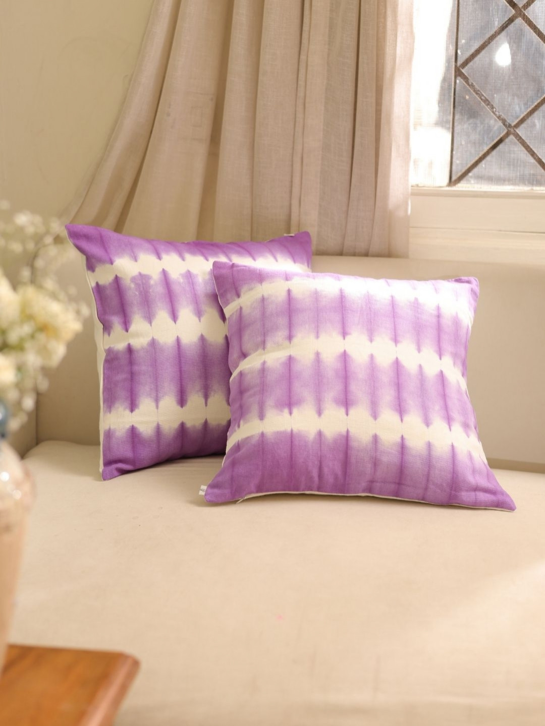 SLEEPY THREADS 2 Pieces Purple & White Abstract Square Cotton Cushion Covers