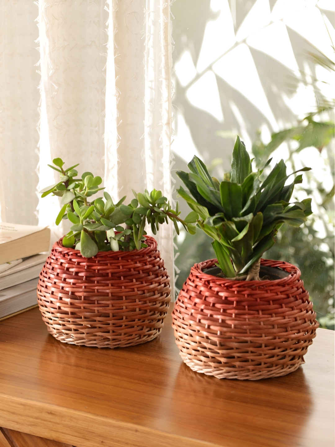 Peepul Tree 2Pcs Brown & Rust Textured Wooden Wicker Planters