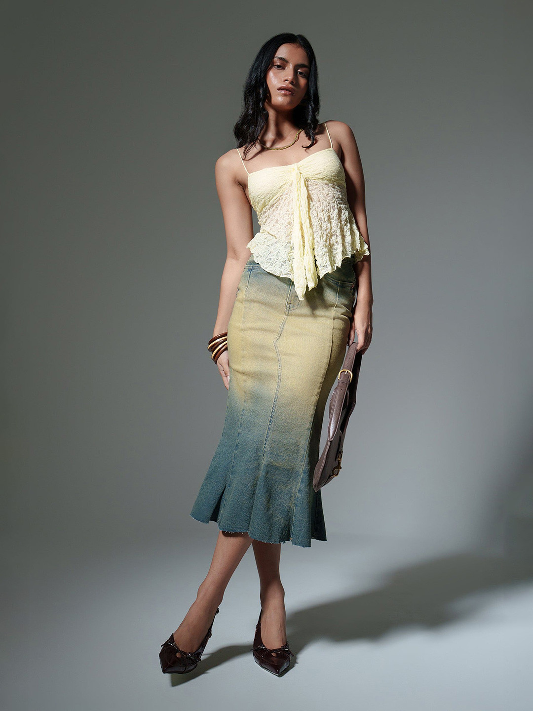 FREAKINS Mermaid Design Denim Midi Skirt