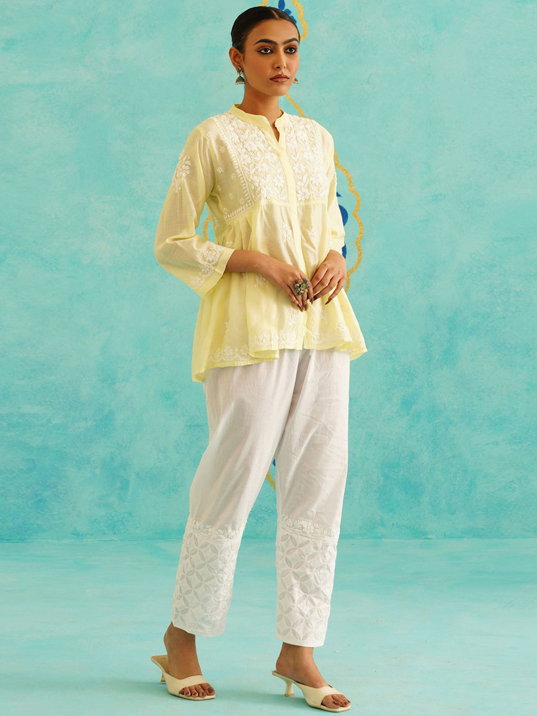 Saaya the label Floral Embroidered Mandarin Collar Chikankari Chanderi Cotton Kurti