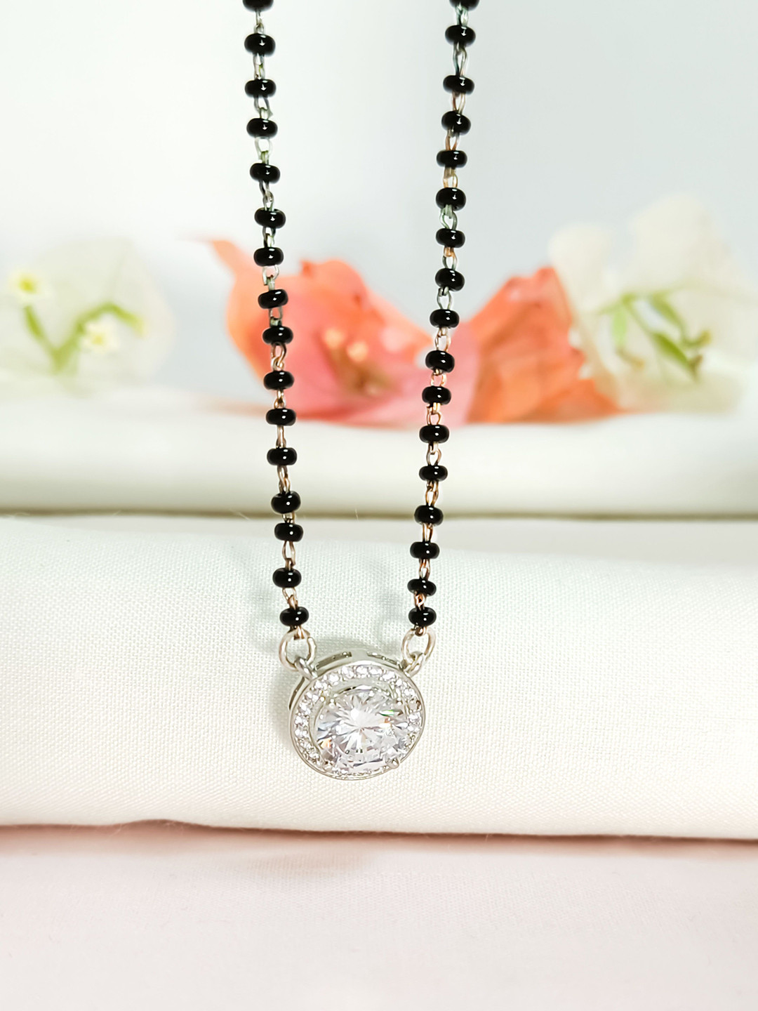 INARI SHINES 925 Silver Rhodium-Plated Zircon Halo Mangalsutra