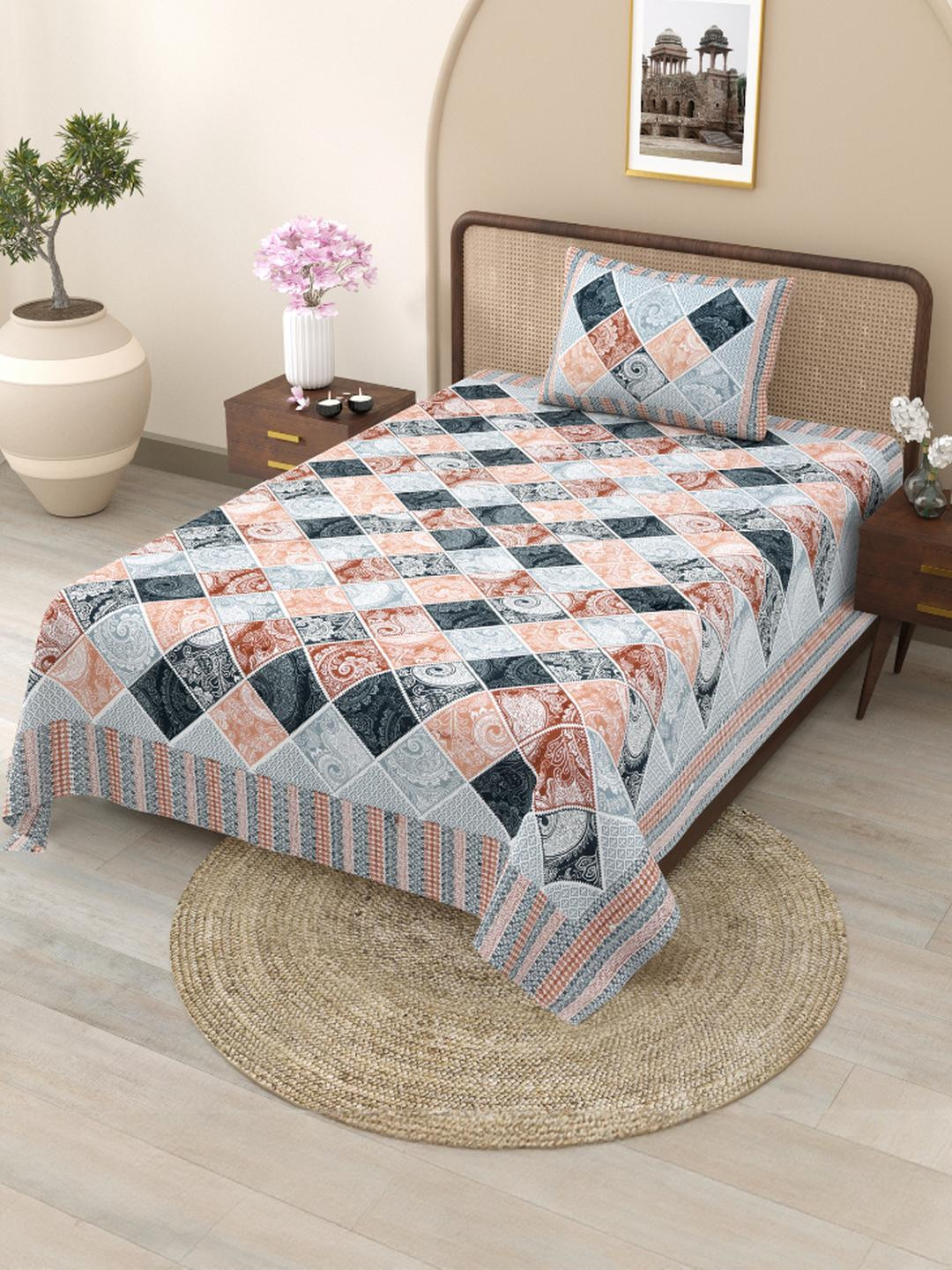 Shubastik Printed 210 TC Pure Cotton Single Bed Bedsheet With 1 Pillow Cover -1.52 X 2.28m