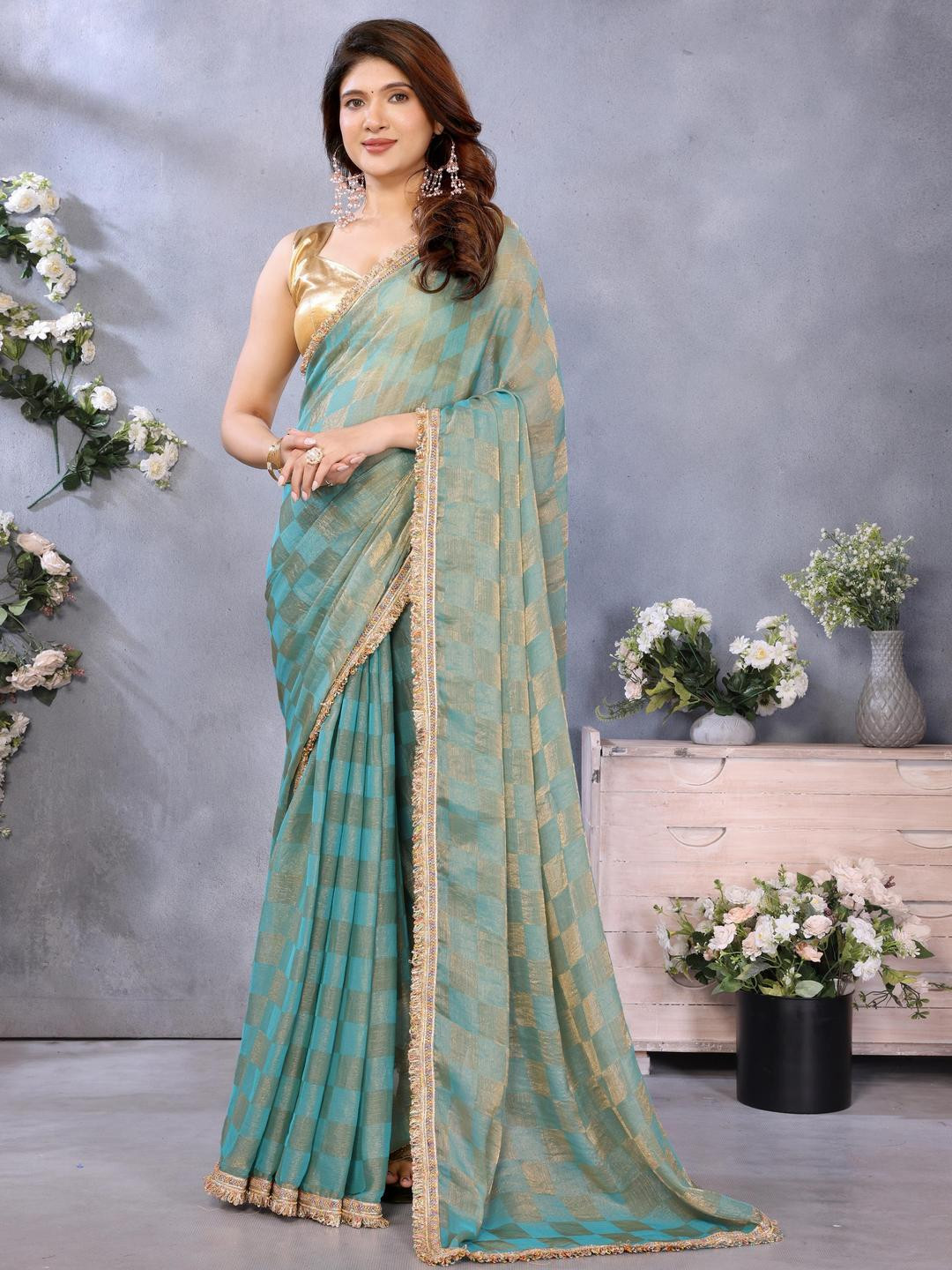 ALAGINI Checked Satin Silk Saree With Lace Border