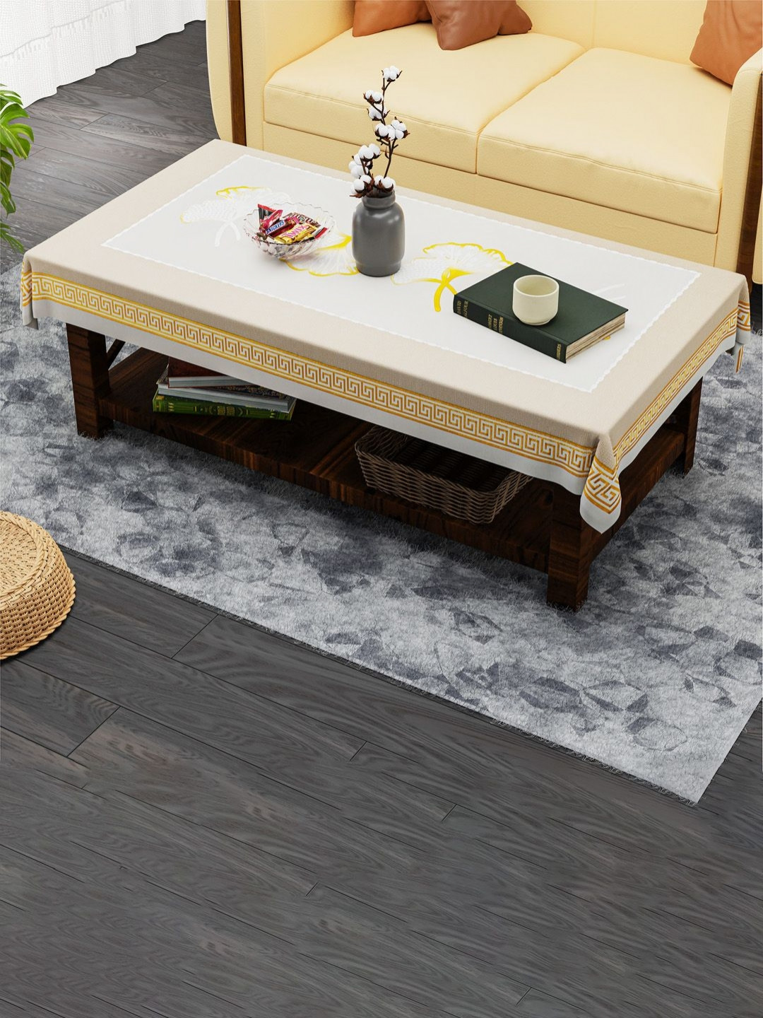 Aura Beige Water Lilly Lurex Pannel Floral Printed Waterproof Plastic 4-Seater Table Cover