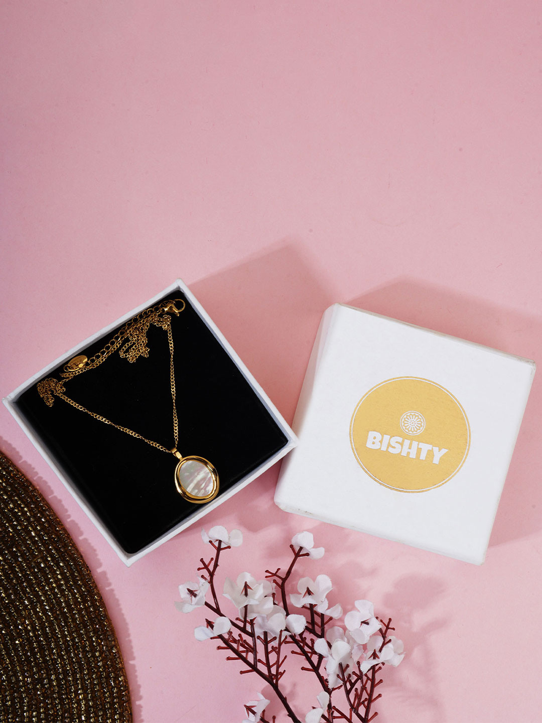 BISHTY  Stainless Steel Gold-Plated Opal Studded Oval Pendant With Chain