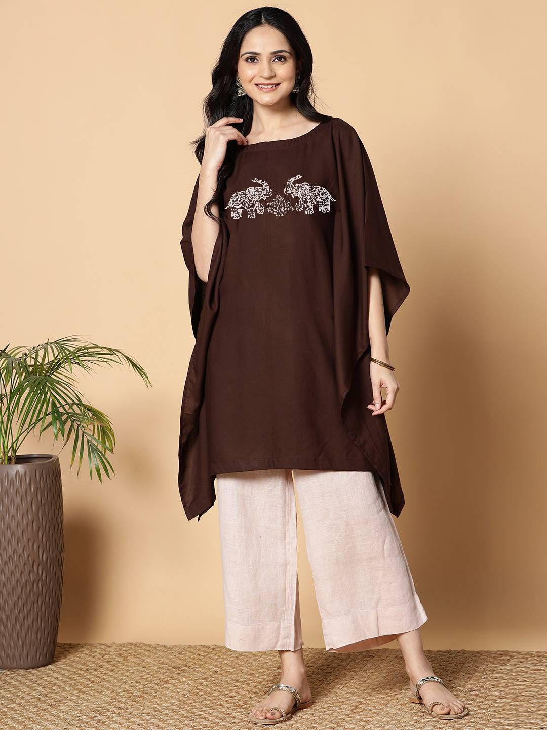 LetsDressUp Gaja Aniamal Printed Round Neck Kaftan Kurta