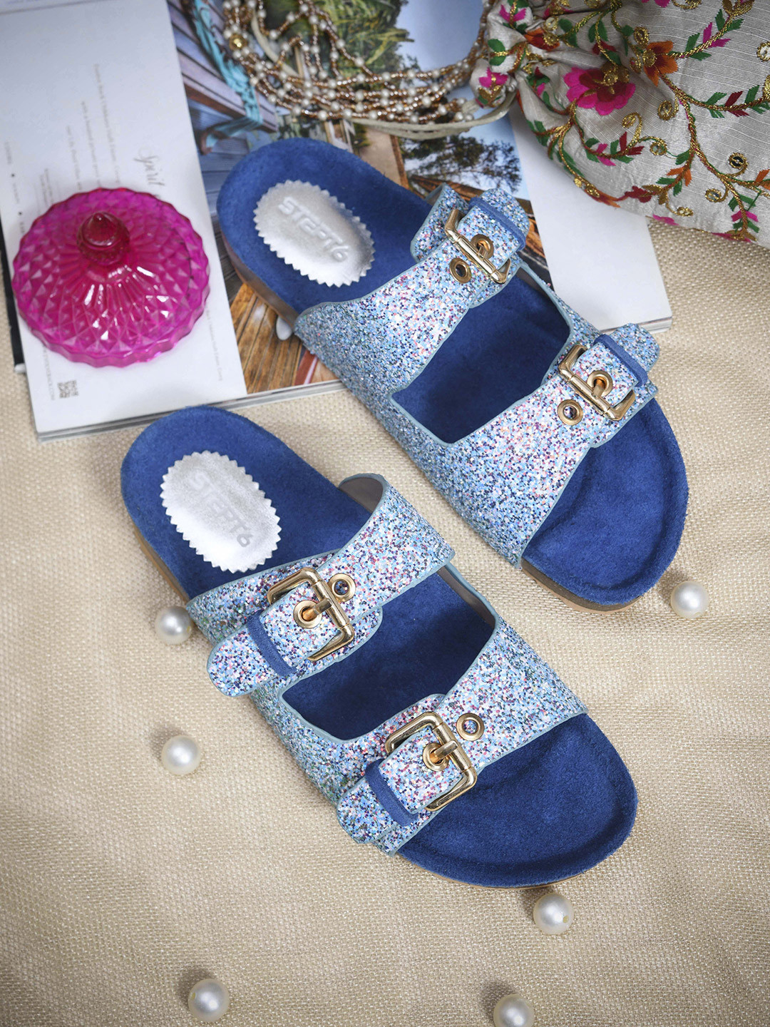 STEPT6 Women Sparkle Embellished Open Toe Slides